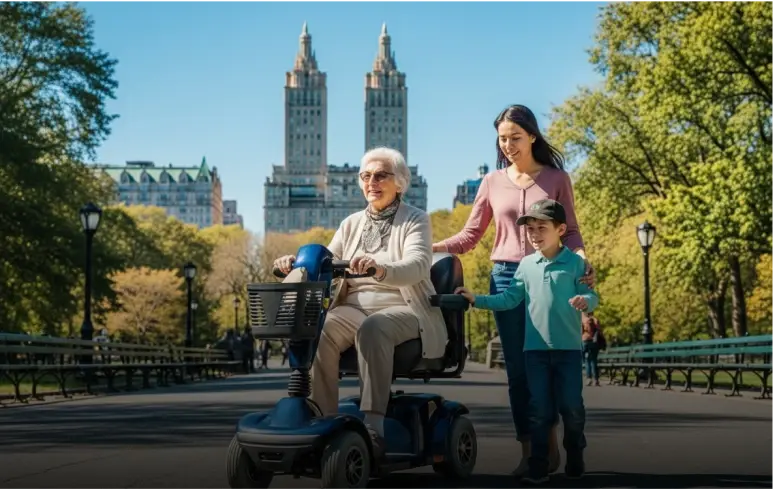 Senior woman riding a mobility scooter in Central Park with her daughter and grandson walking beside her – representing the comfort and accessibility of Cloud of Goods scooter rentals in Las Vegas and other top destinations.